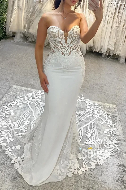 trendy mini dressTrumpet Sweetheart Strapless Appliques Illusion With Lace Train Wedding Dress QW8157