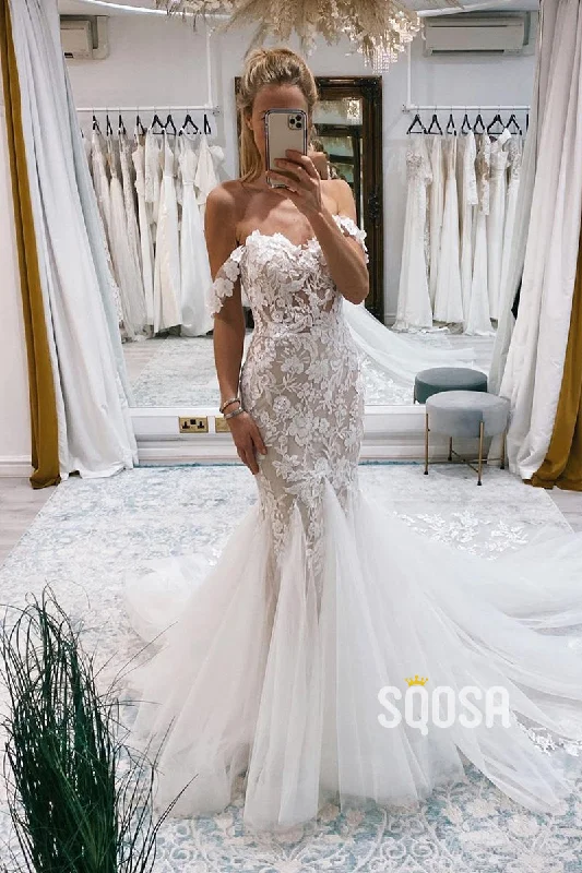 vintage-inspired dressChic Off the Shoulder Lace Appliques Mermaid Wedding Dress QW2532