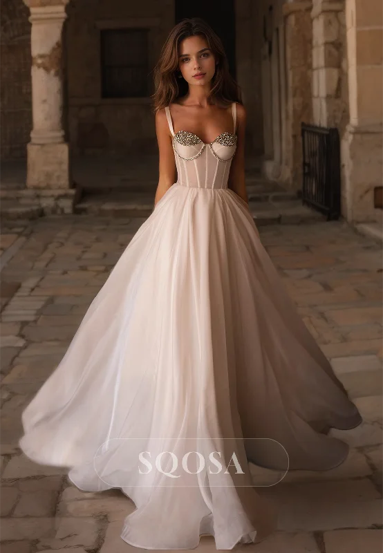 denim dressSweetheart Spaghetti Straps Chiffon A-Line Wedding Dress Beaded with Sweep Train Bridal Gowns