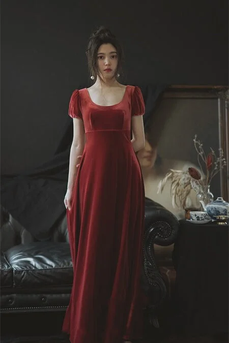 midi dressBurgundy Velvet Long Bridesmaid Dress with Cap Sleeves