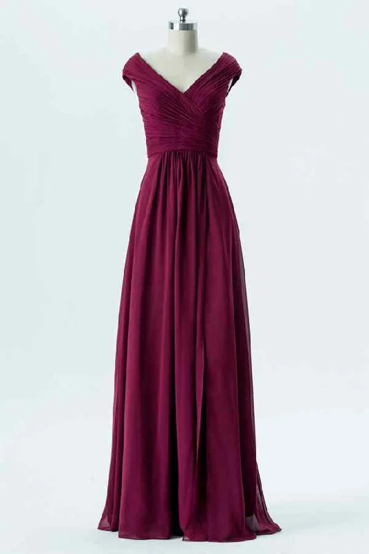 off-shoulder dressOrchid A-line Chiffon Pleated Cap Sleeve Long Bridesmaid Dress