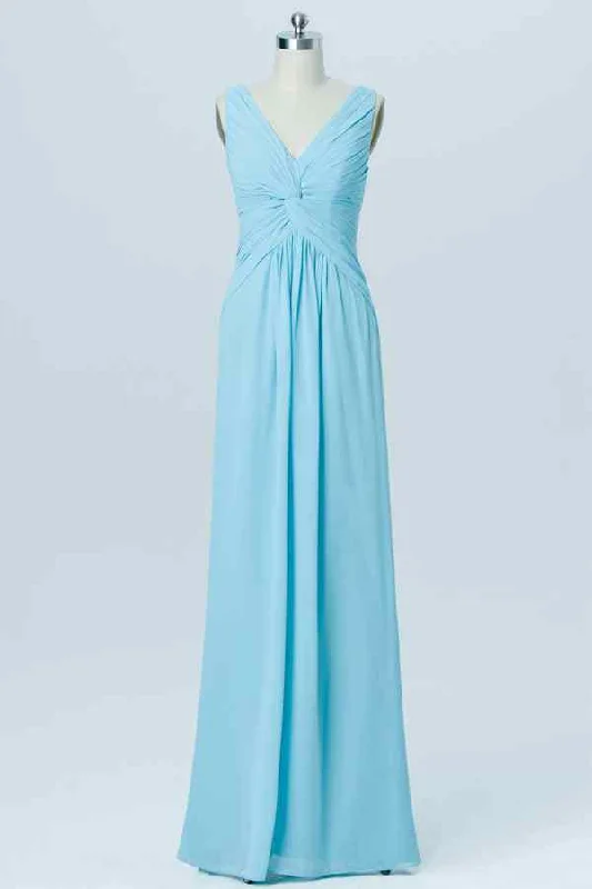 bohemian dressBlue A-line Chiffon Pleated Twist Knot Long Bridesmaid Dress