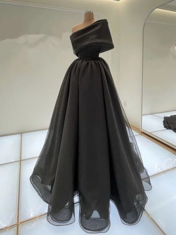 boho dressElegant Black Organza Prom Dresses One Shoulder Y2933