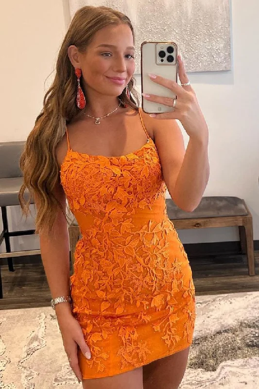 sleek midi dressCute Bodycon Scoop Neck Orange Lace Homecoming Dresses Y2919