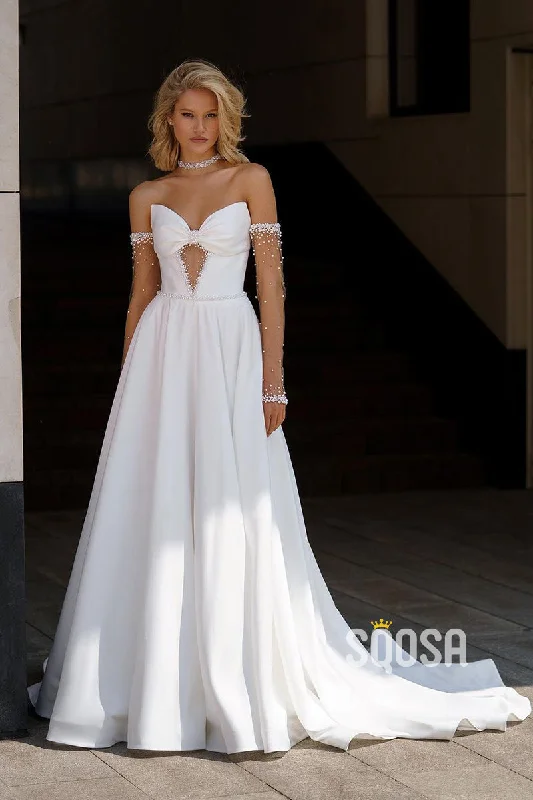 summer dressA-Line SWeetheart illusion Pearls Satin Wedding Dress Bridal Gowns With Train QW8087