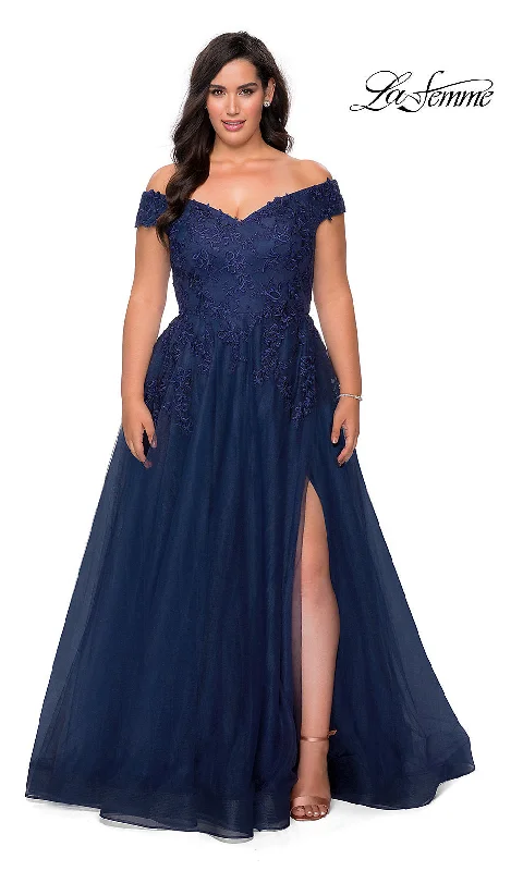 cocktail party dressLa Femme Embroidered Plus-Size Formal Ball Gown