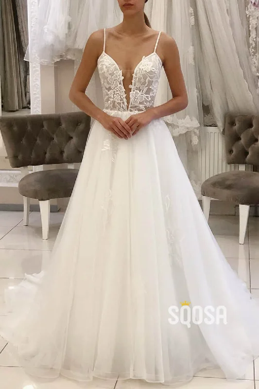 statement dressA-Line Spaghetti Straps Tulle Appliques Rustic Wedding Dress QW2259