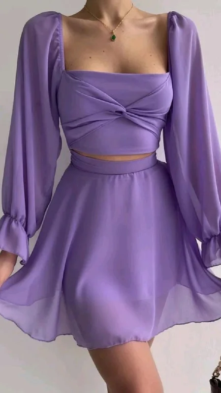 office dressPurple Square Neckline Chiffon Homecoming Dress Y2885