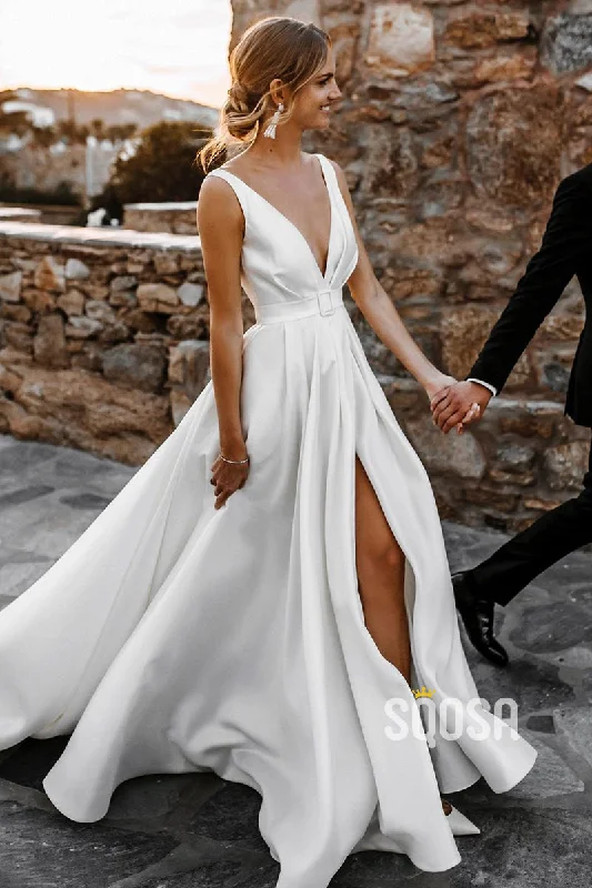 vintage dressAttractive Deep V-Neck White Satin Bohemian Wedding Dress QW0908