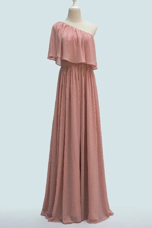 chic slip dressBlush Pink A-line One Shoulder Chiffon Crepe Bridesmaid Dress