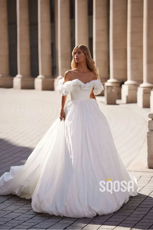 satin dressA Line Off Shoulder Flowers Elegant Wedding Dress with Court Train QW2236