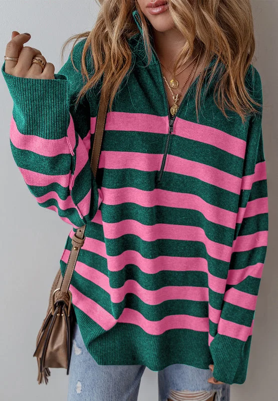 trendy sports sweatshirtContrast Striped Quarter Zip Long Sleeve Sweater