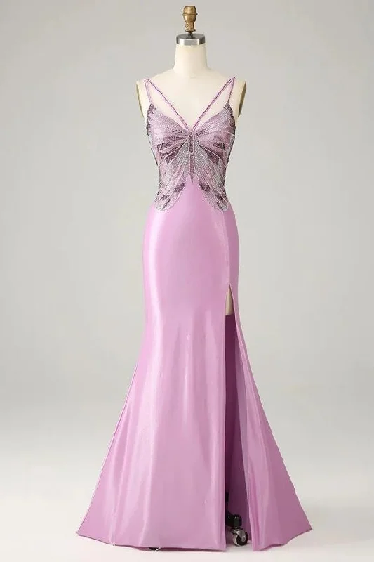 vintage-inspired dressMermaid Prom Dress Spaghetti Straps Backless Butterflies With Slit