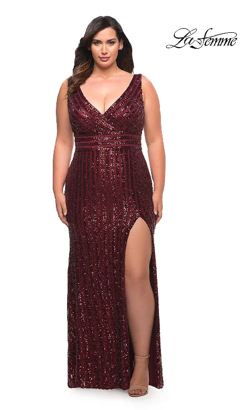 trendy mini dressLa Femme Striped Sequin Long Plus-Size Prom Dress