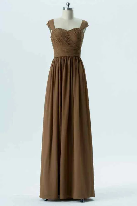 minimalistic dressA-line Cap Sleeves Pleated Keyhole Chiffon Long Bridesmaid Dress