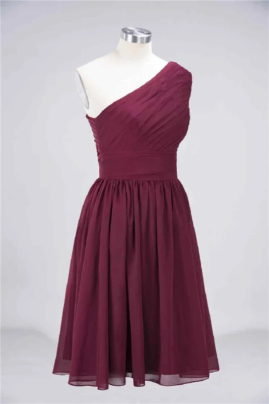 fitted bodycon dressBurgundy A-line One Shoulder Pleated Chiffon Mini Bridesmaid Dress