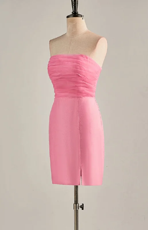 boho dressHot Pink Strapless Chiffon Knee Length Homecoming Dress