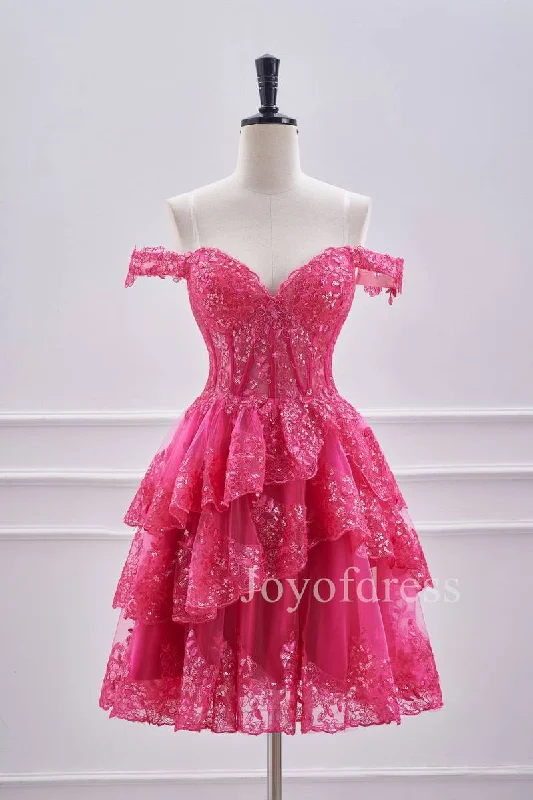 pleated dressHot Pink Lace Appliques Off the Shoulder Ruffle Homecoming Dress