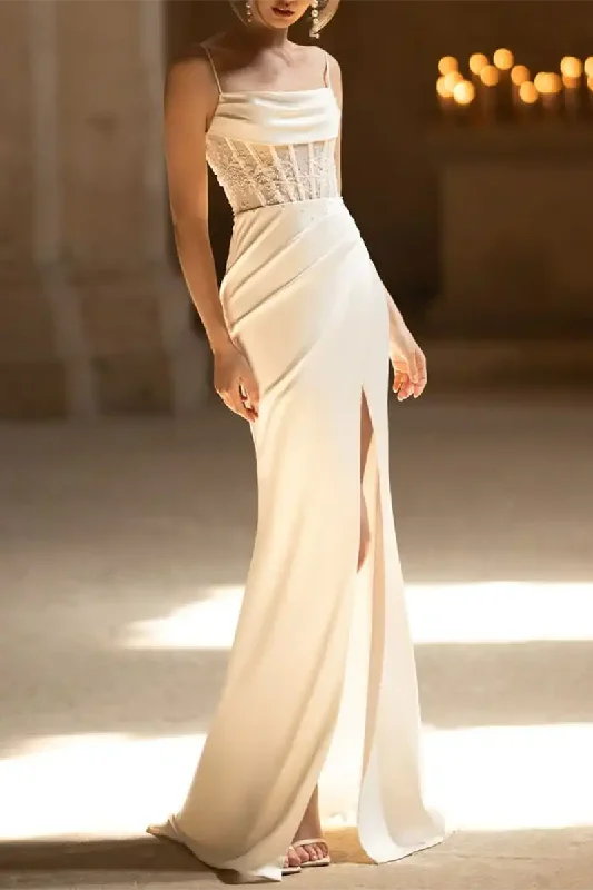 party dressSpaghetti Straps Beads Elegant Mermaid Wedding Dress with Slit Bridal Gown QW2086