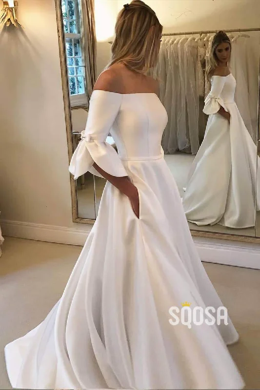 form-fitting dressA-line Off-the-Shoulder Ivory Satin Simple Wedding Dress with Pockets QW0940