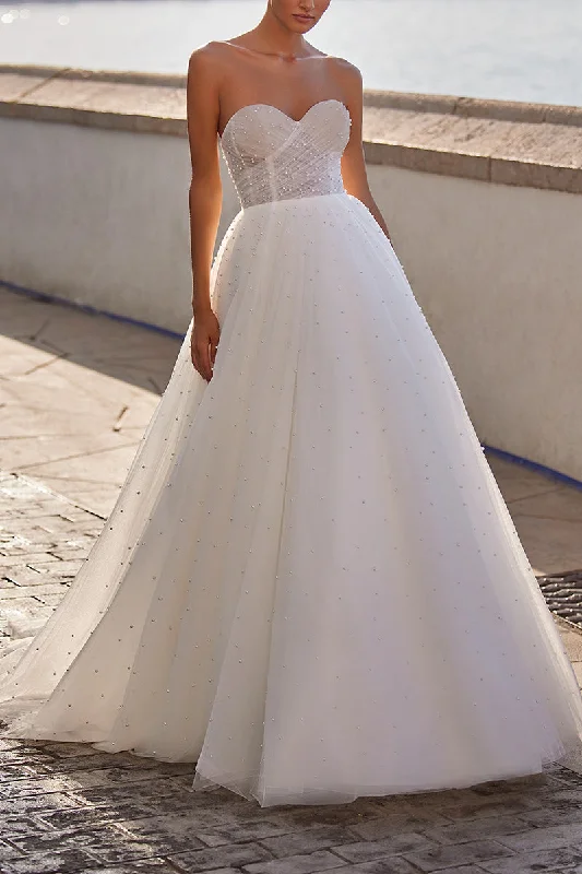 sleek midi dressA Line Sweetheart Tulle Pearls Rustic Wedding Dress Bridal Gown QW2177