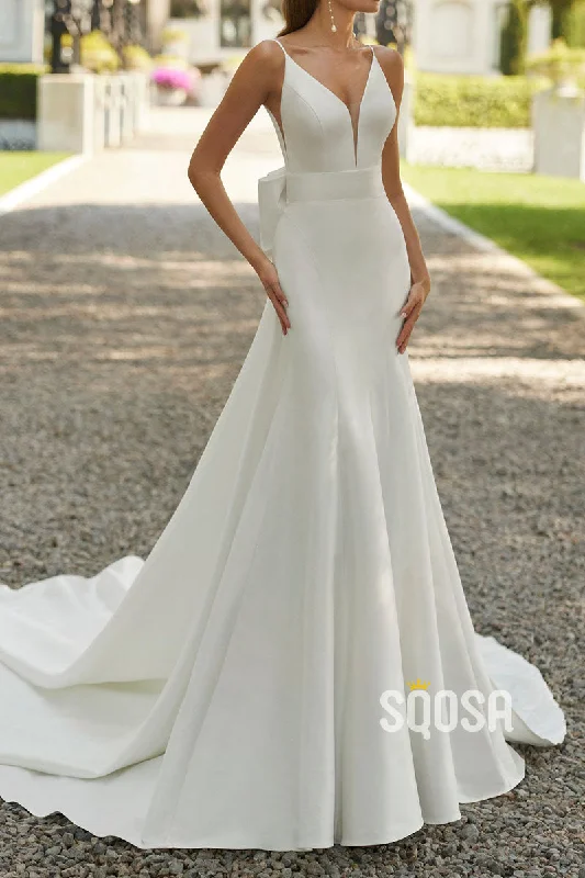 floral wrap dressV-Neck Spaghetti Straps A-Line Bowknot With Train Satin Wedding Dress QW8207