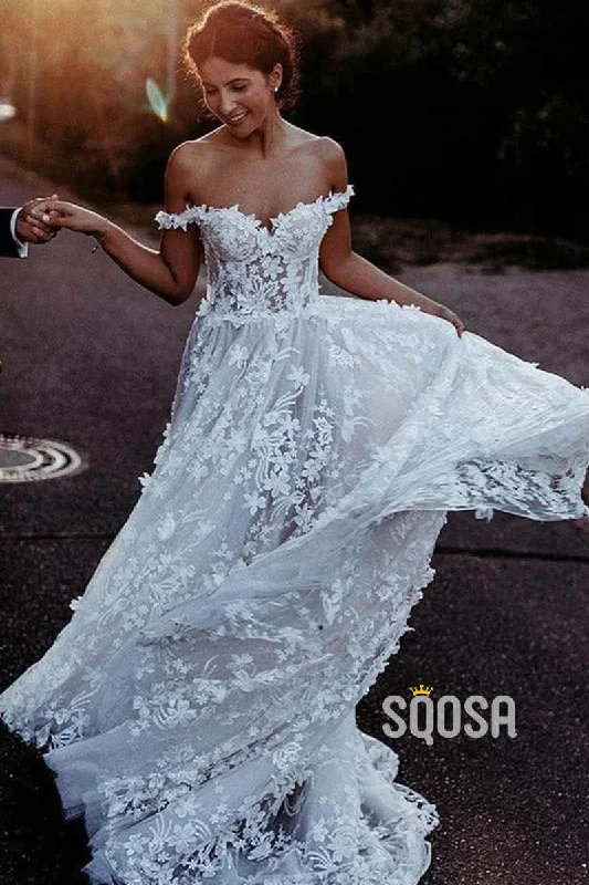 denim dressExquisite Lace Wedding Dress Unique Off-Shoulder Bohemian Wedding Dress QW2410