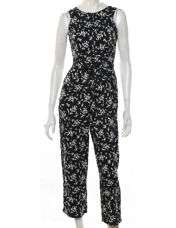 classic bomber jacketBlack & White Casual Floral Pattern Jumpsuit - S