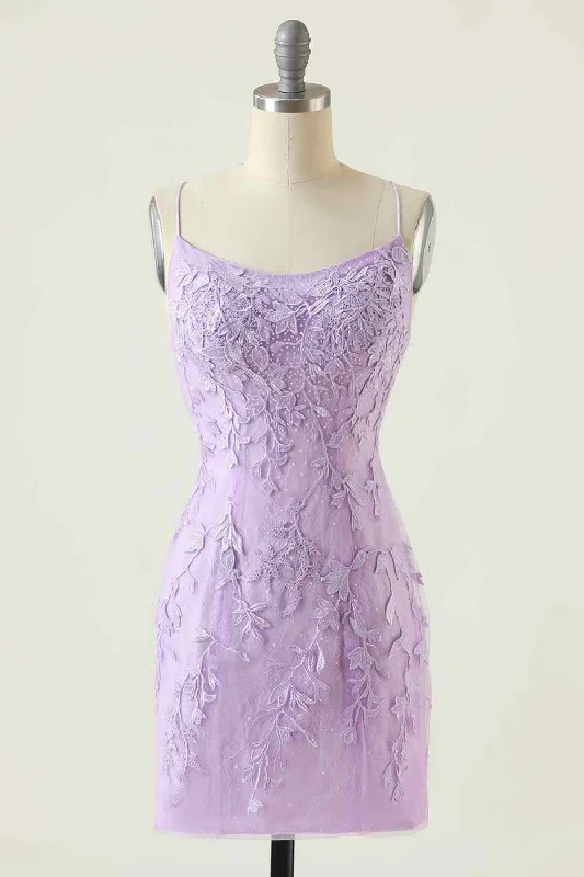 high-waisted dressLilac Sheath Scoop Neck Lace-up Back Applique Mini Homecoming Dress