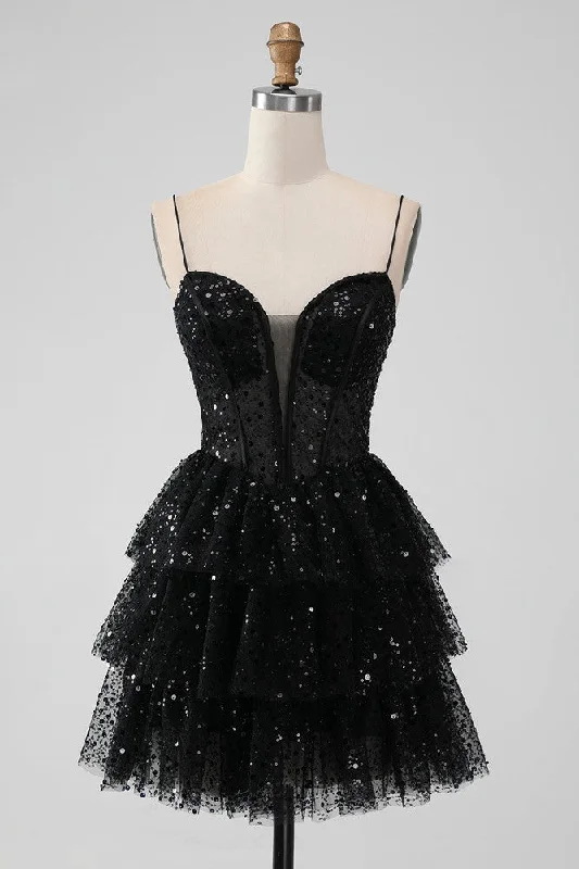 bohemian dressBlack Sweetheart A-line Spaghetti Strap Tulle Homecoming Dress