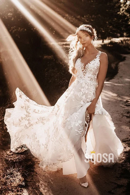 long sleeve dressA-line V-neck Appliques Beach Wedding Dress QW2683