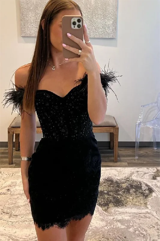 summer dressBlack Off-the-Shoulder Sweetheart Sheath Homecoming Dress with Feathers