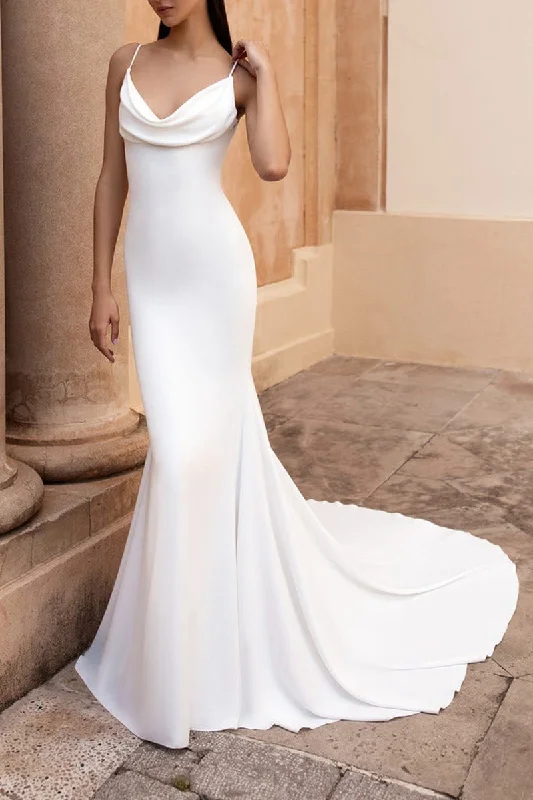 chic dressSpaghetti Straps Simple Mermaid Satin Wedding Dress with Court Train QW2298