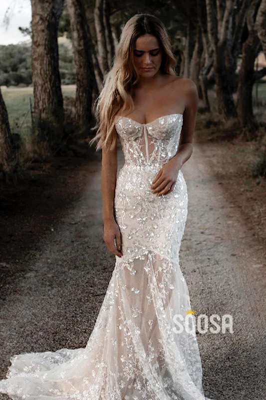 modern dressAllover Lace Sweetheart Mermaid Wedding Dress Bohemian Bridal Gown QW2475