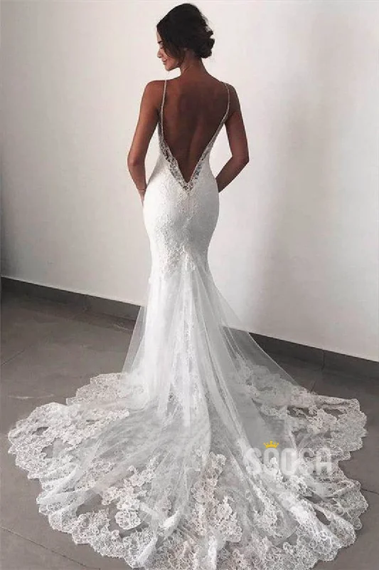 relaxed fit dressChic Spaghetti Straps V-neck Lace Wedding Dress Backless Mermaid Wedding Gowns QW2092