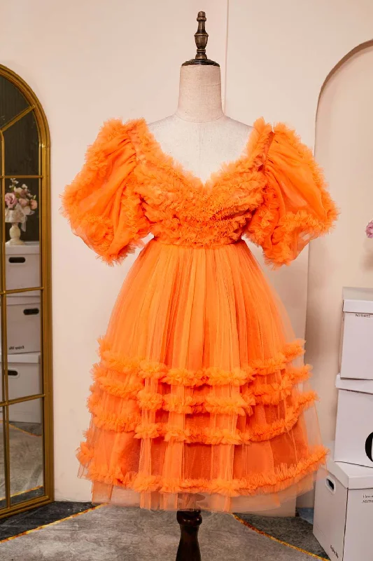 long-sleeve floral dressOrange Ruffled V Neck Puff Sleeves A-line Homecoming Dress