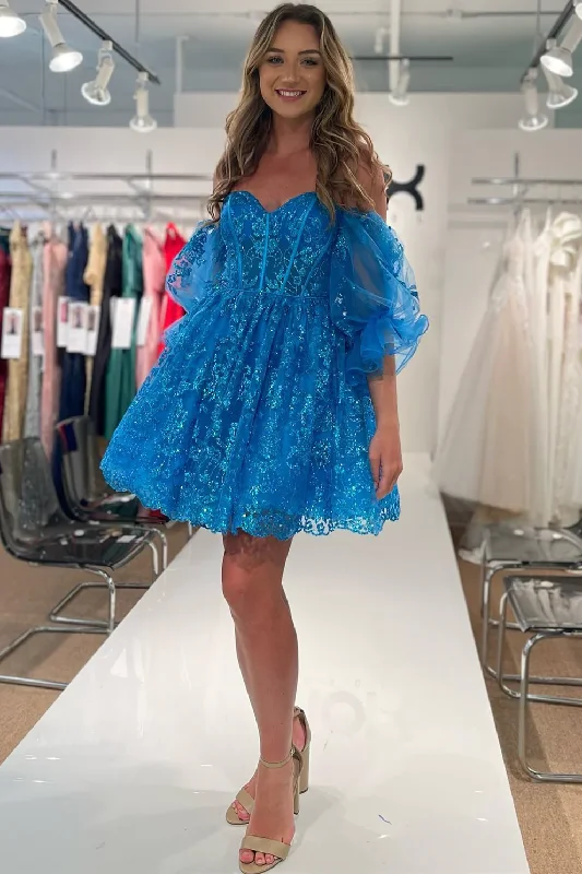 backless dressBlue Off-the-Shoulder Puff Sleeves A-line Applique Homecoming Dress Y2903