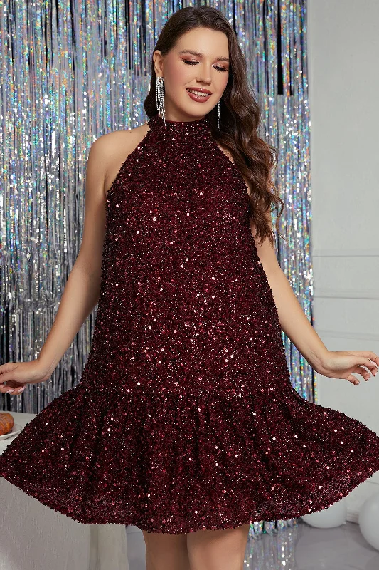 off-shoulder dressBurgundy Sequins Halter Homecoming Dress