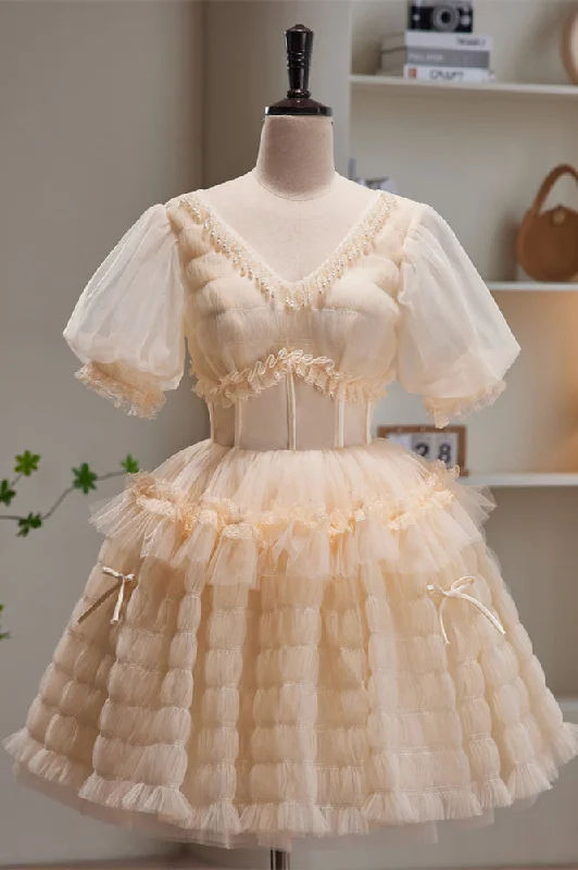 flowy dressChampagne V Neck Puff Sleeves Beaded Ruffles Homecoming Dress