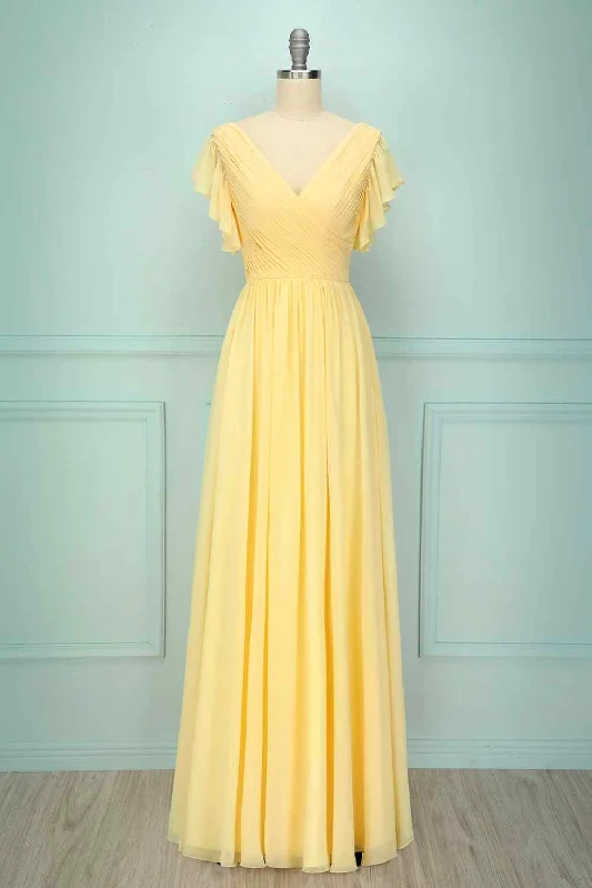 pleated maxi dressLight Yellow A-line V Neck Pleated Chiffon Ruffle Long Bridesmaid Dress