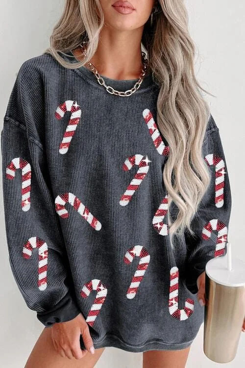 chic active hoodieSequin Candy Cane Round Neck Sweatshirt