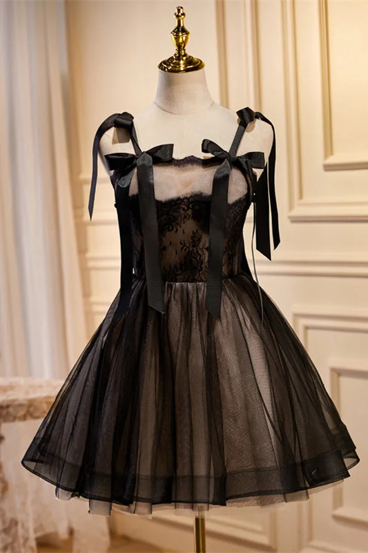 sleeveless dressBlack Bow Ties Lace Tulle Homecoming Dress