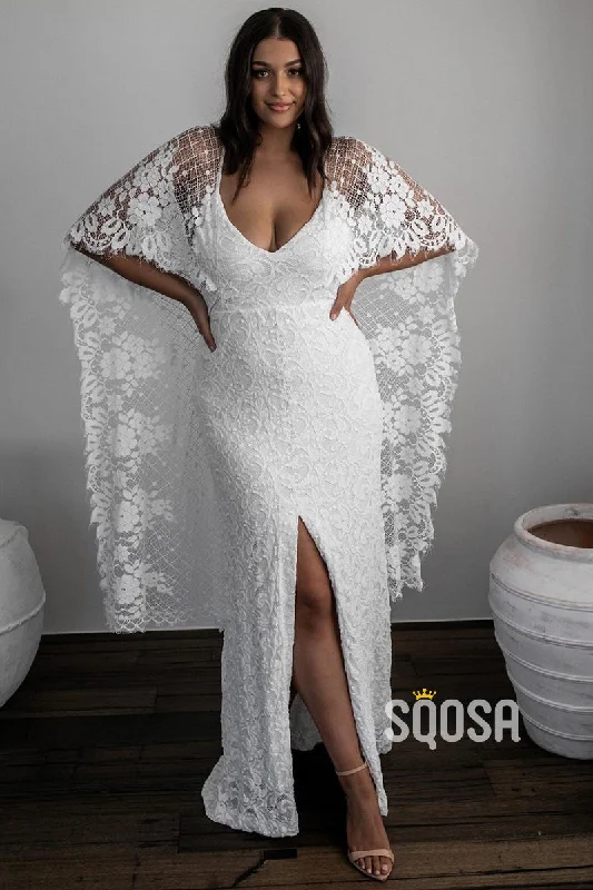 high-waisted dressUnique Bat Sleeves V-neck Lace Bohemian Wedding Dress QW2694