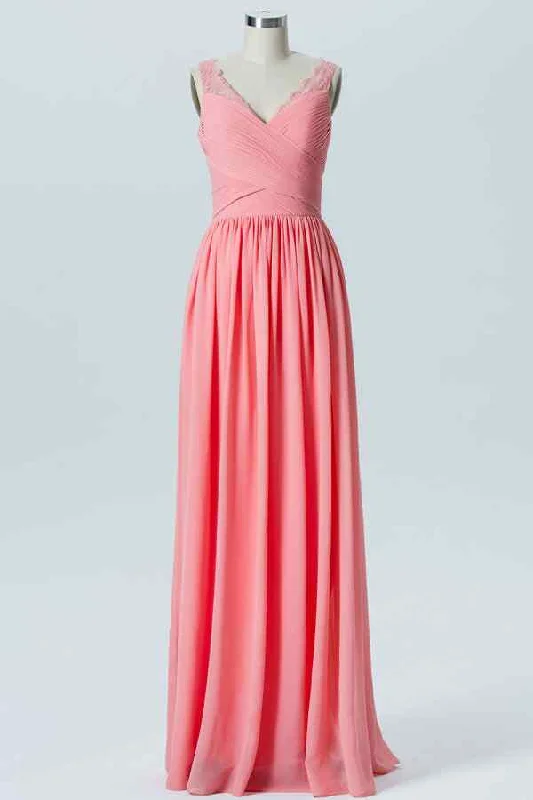 casual slip dressCoral A-line V Neck Chiffon Pleated Lace Straps Long Bridesmaid Dress