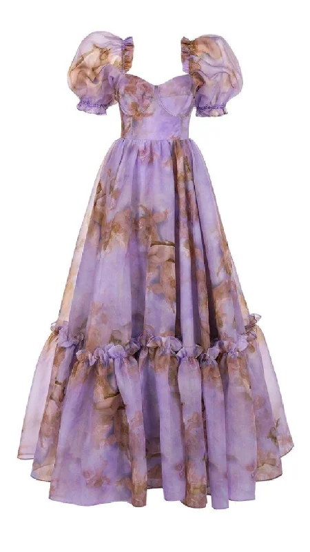 denim dressPurple Printed Backless Puff Sleeves Prom Dress Fairy Dress Y2676