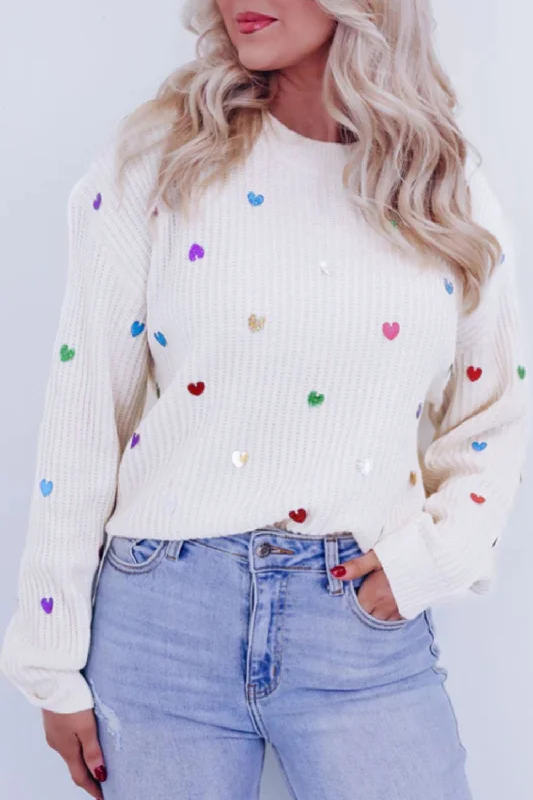 activewear hoodieHeart Sequin Round Neck Long Sleeve Sweater