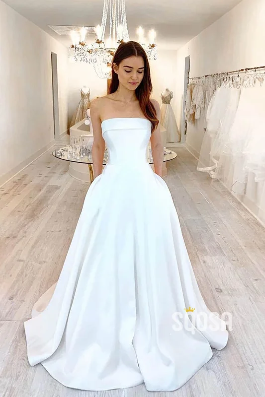 elegant shift dressA-line Strapless Ivory Satin Rustic Wedding Dress with Pockets QW2331