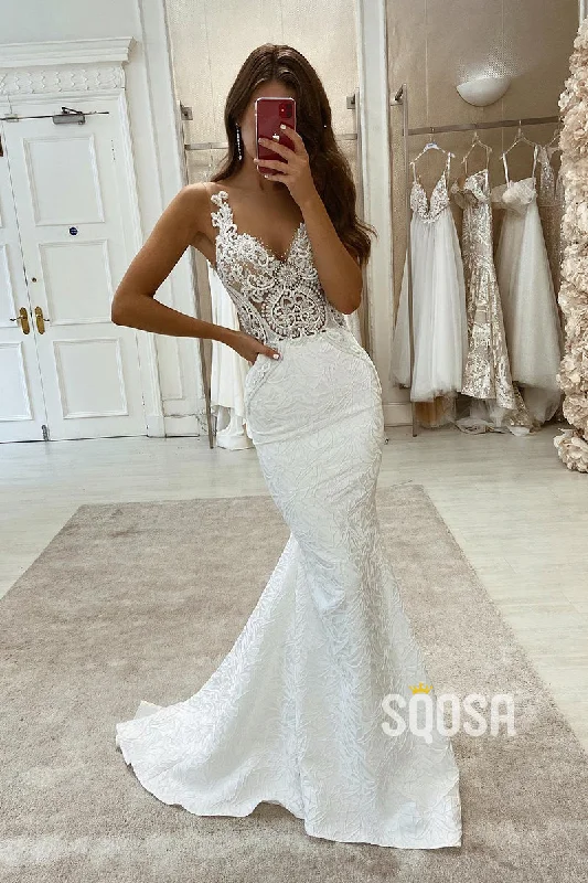 party dressPlunging V-neck Exquisite Lace Wedding Dress Mermaid Gown QW2596