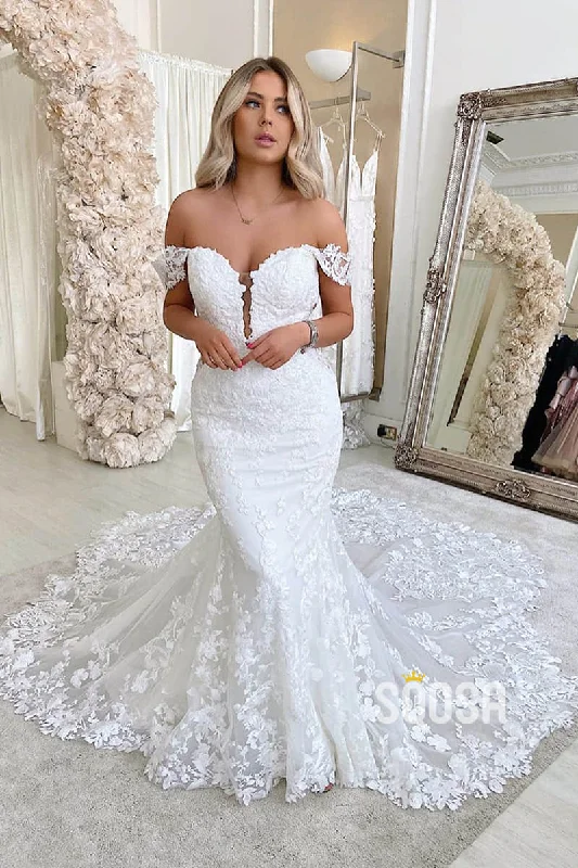 casual day dressMermaid/Trumpet Wedding Dress Chic Off-Shoulder Lace Wedding Gowns QW2296