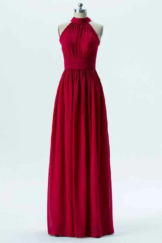 floral wrap dressRed A-line Bow Tie Back Pleated Chiffon Long Bridesmaid Dress